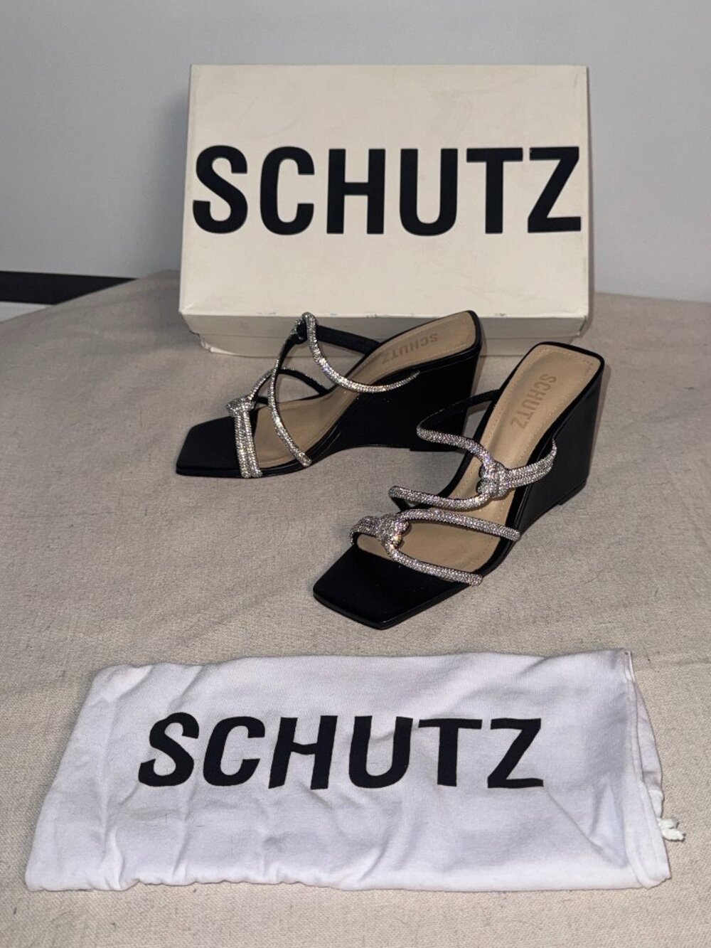 NIB 5.5 Schutz Lauryn Wedge Black Leather Rhinestones Strappy Sandals Crystals
